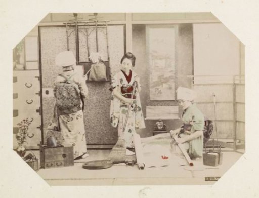 Japanese girls cleaning a room