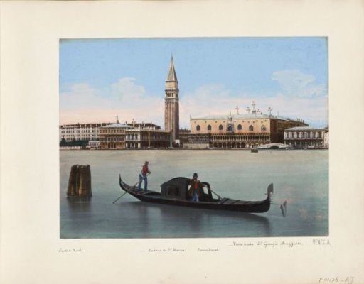 View of the Doge's Palace, the Campanile and surrounding buildings in Venice, gondoliers in the foreground