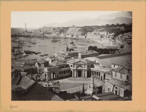 View of the bay of Genoa with a railway station in the foreground