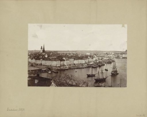 Panoramic photograph of buildings and ships in the harbour of Stockholm