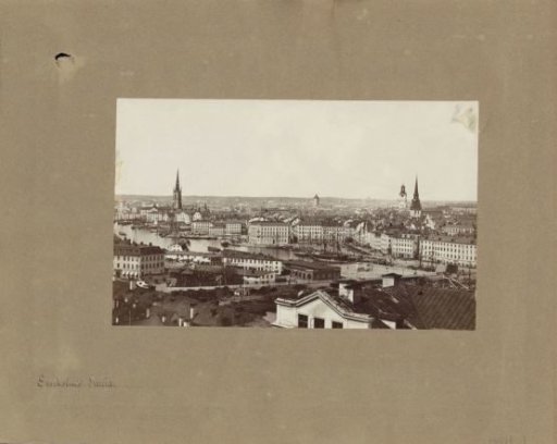 Panoramic photograph of buildings, churches and the harbour of Stockholm