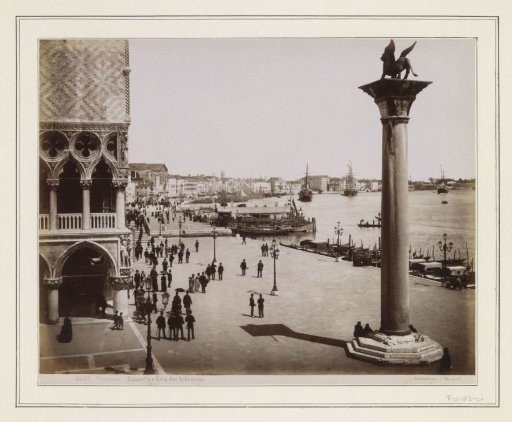 View of the Riva degli Schiavoni with a pillar bearing the Lion of Venice in the foreground