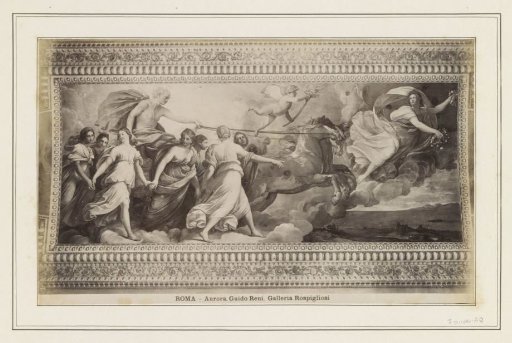 Photographic reproduction of (presumably) a fresco in the Palazzo Pallavicini-Rospigliosi by Guido Reni, depicting Aurora