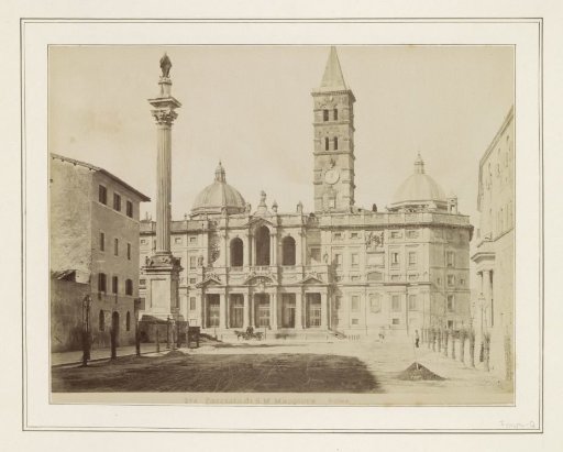 Exterior of the Basilica of Santa Maria Maggiore with a statue of Mary on a column to the left
