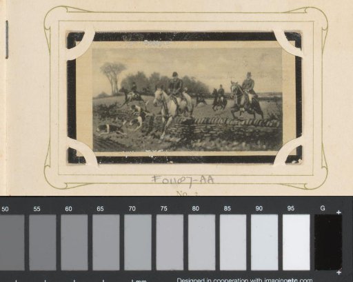 Reproduction of a drawing of a group of horses with riders and dogs jumping over obstacles during the hunt