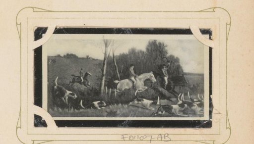 Reproduction of a drawing of a group of horses with riders and dogs during the hunt