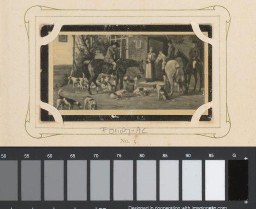 Reproduction of a drawing of a group of horses with riders and dogs taking a rest during the hunt