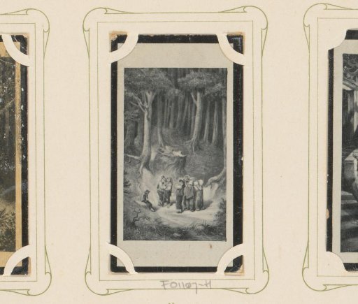 Reproduction of a drawing of Little Thumb and a group of children abandoned in the forest