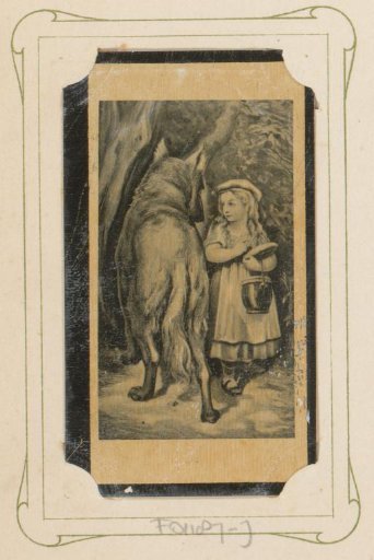 Reproduction of a drawing of Little Red Riding Hood meeting the wolf