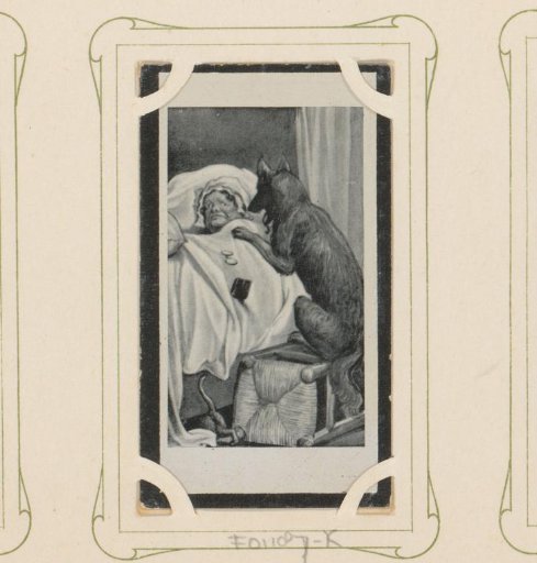 Reproduction of a drawing of the wolf at Little Red Riding Hood's grandmother's