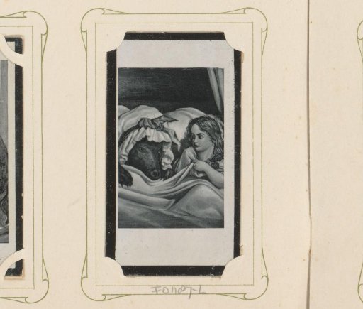 Reproduction of a drawing of the wolf and Little Red Riding Hood in the grandmother's bed