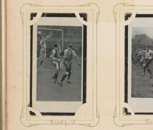 Reproduction of a drawing of a player scoring a goal during a football match