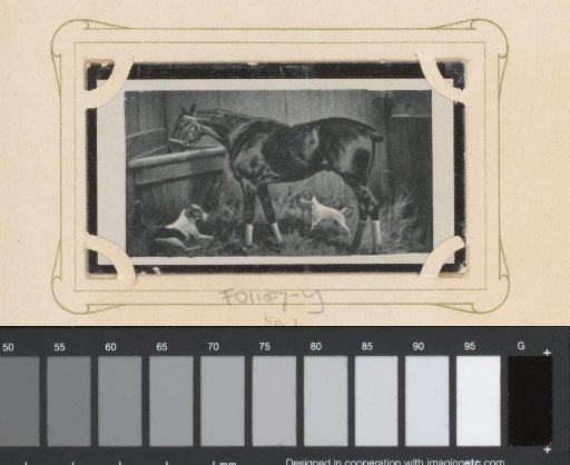 Reproduction of a drawing of a horse and two dogs in a stable