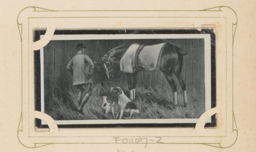 Reproduction of a drawing of a man visiting a horse and two dogs in a stable