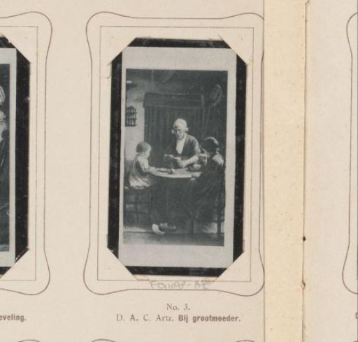 Reproduction of a painting of a grandmother with two grandchildren at a table after David Adolphe Constant Artz