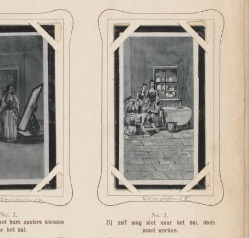 Reproduction of a drawing of Cinderella sweeping the floor while her sisters watch