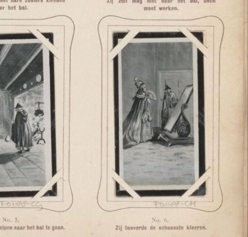 Reproduction of a drawing of the witch conjuring fine clothes for Cinderella