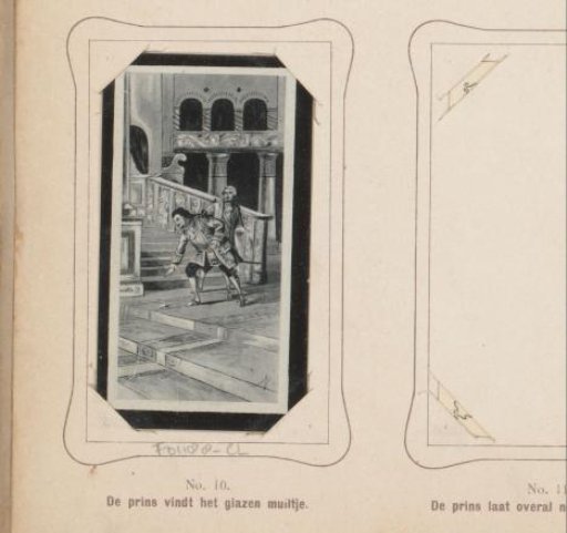 Reproduction of a drawing of the prince finding Cinderella's glass slipper