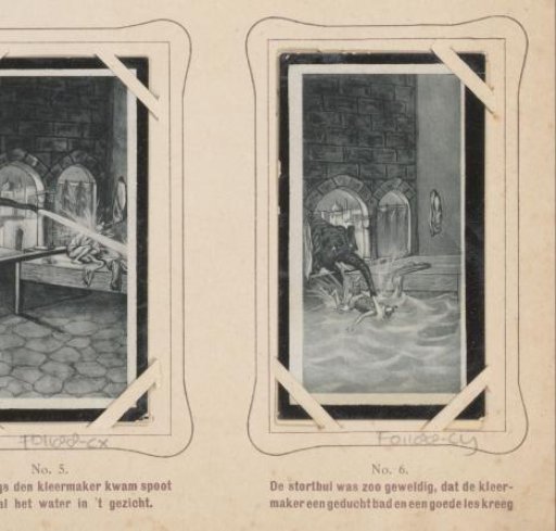 Reproduction of a drawing of an elephant giving a tailor a bath