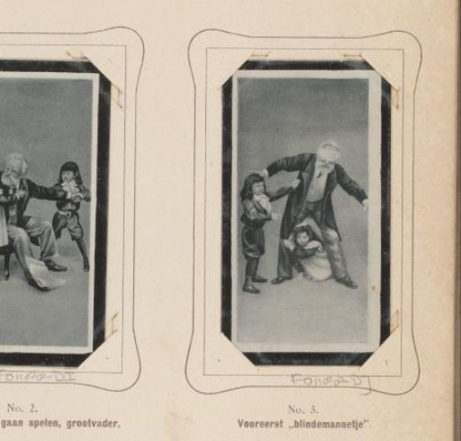 Reproduction of a drawing of a blindfolded grandfather playing with his grandchildren