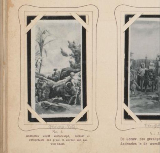 Reproduction of a drawing of Androclus being captured and condemned
