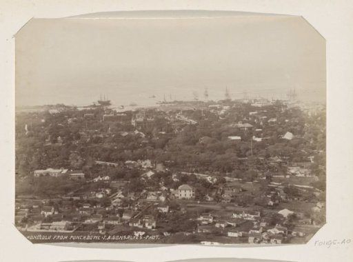View of the island of Honolulu and the coastline from the Punchbowl Crater