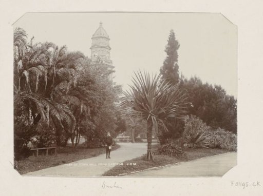 Boy in a park with in the background the tower of the town hall of Durban
