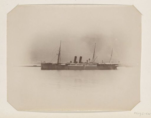 Ship at anchor in a harbour, possibly in South Africa.