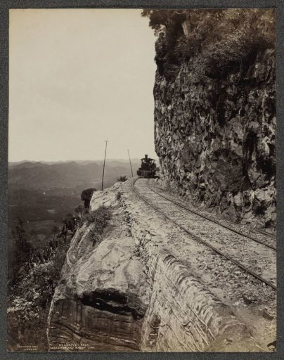 Train passing a precipice near Sensation Rock in Ceylon