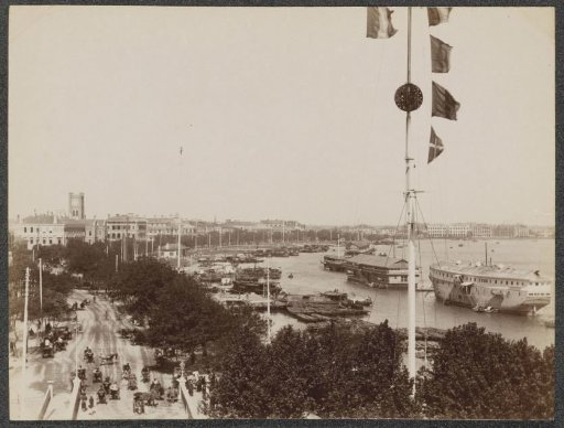View of the Bund harbour quay with three opium ships in Shanghai