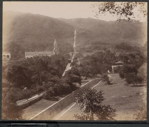 View of a church and a rack railway on The Peak (Mount Austin) in Hong Kong