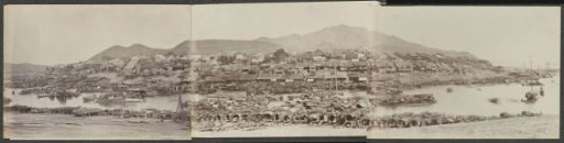 Panorama of boats and houses in the harbour of Canton