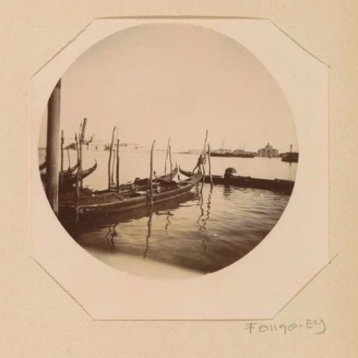 View of gondolas in the lagoon of Venice, in the distance to the right the Santa Maria della Presentazione and to the left the church of San Giorgio Maggiore