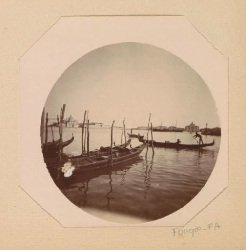 View of gondolas in the lagoon of Venice, in the distance to the right the Santa Maria della Presentazione and to the left the church of San Giorgio Maggiore