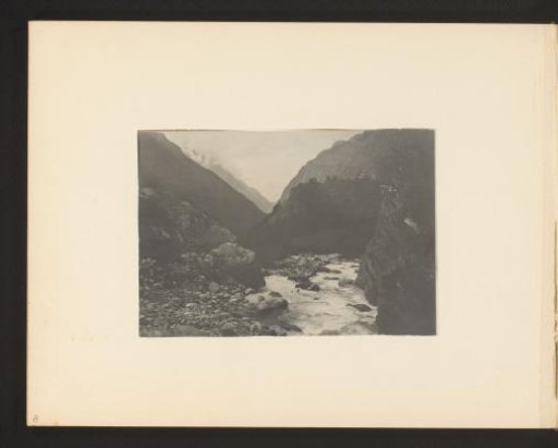 Landscape with a stream and a house standing on one of the mountain ridges