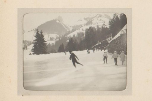 Skaters on a Frozen Mountain Lake