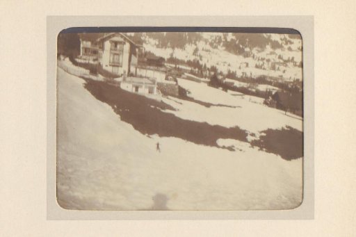 View of a Snowy Valley with Some Houses and a Skier