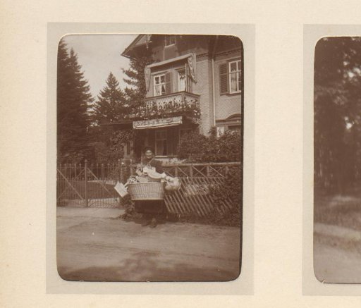 Portrait of an Unknown Woman with Several Baskets on Her Arm, Standing Before a House