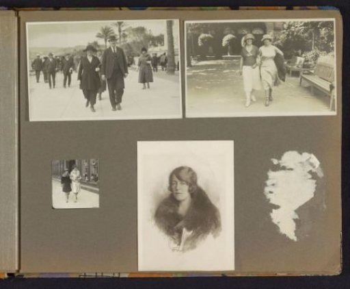Walking people and a portrait