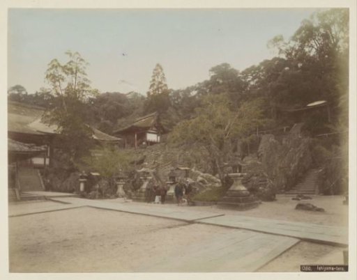 View of the Ishiyama Temple with planks in the foreground