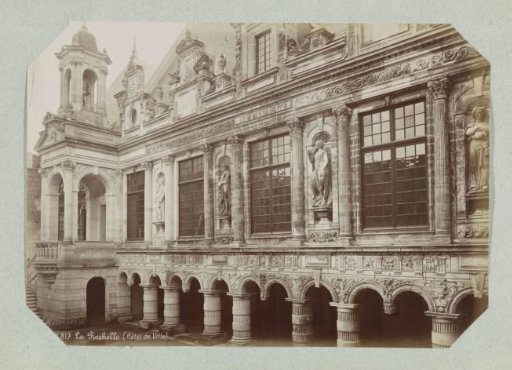 Facade, tower, and colonnade of the town hall of La Rochelle