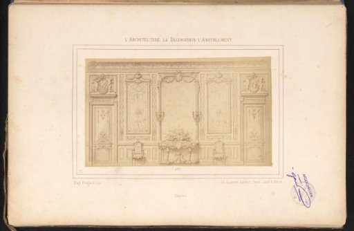 Photographic reproduction of a design for a wall arrangement with a mirror and on either side a door after Alexandre Eugène Prignot
