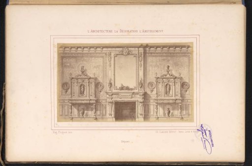 Photographic reproduction of a design for a wall arrangement with two buffet cabinets, a fireplace and a mirror