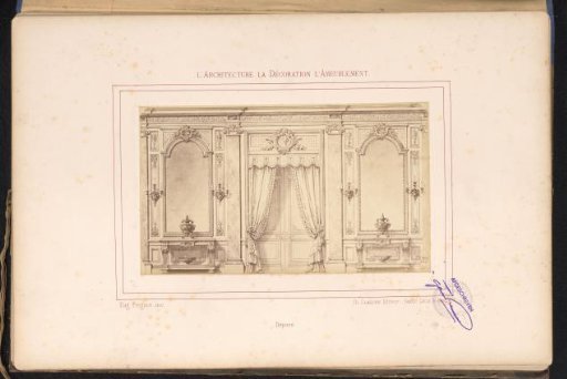 Photographic reproduction of a design for a wall arrangement with a door and two mirrors on either side by Alexandre Eugène Prignot