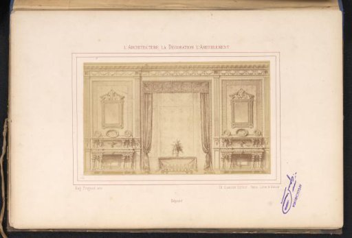 Photographic reproduction of a design for a wall arrangement with a window and two cabinets on either side with mirrors above by Alexandre Eugène Prignot