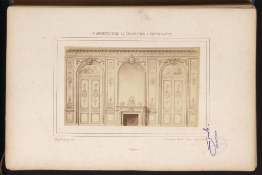 Photographic reproduction of a design for a wall arrangement with ornaments around a fireplace with mirror after Alexandre Eugène Prignot