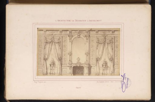 Photographic reproduction of a design for a wall arrangement with two doors and a fireplace with a mirror after Alexandre Eugène Prignot