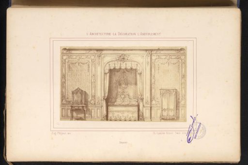 Photographic reproduction of a design for a wall arrangement with a bed and two cabinets after Alexandre Eugène Prignot