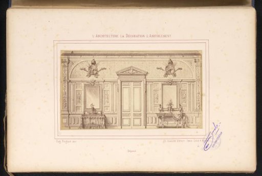 Photographic reproduction of a design for a wall arrangement with a door and on either side a mirror and a table after Alexandre Eugène Prignot