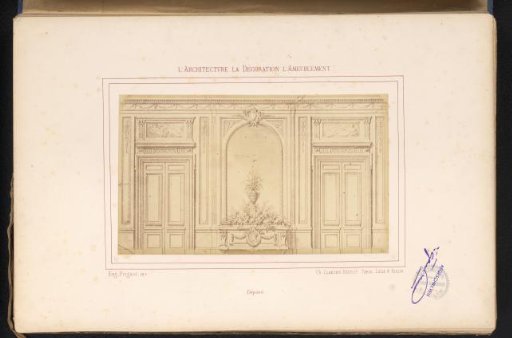 Photographic reproduction of a design for a wall arrangement with a mirror and a table and on either side a double door after Alexandre Eugène Prignot